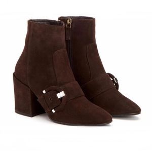 Aquatalia Brown Suede Block Heel Booties Buckle 10.5